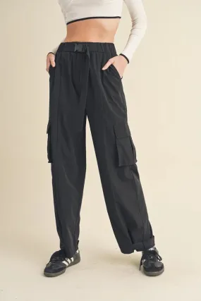 Lightweight Nylon Wide Leg Cargo Pants Black