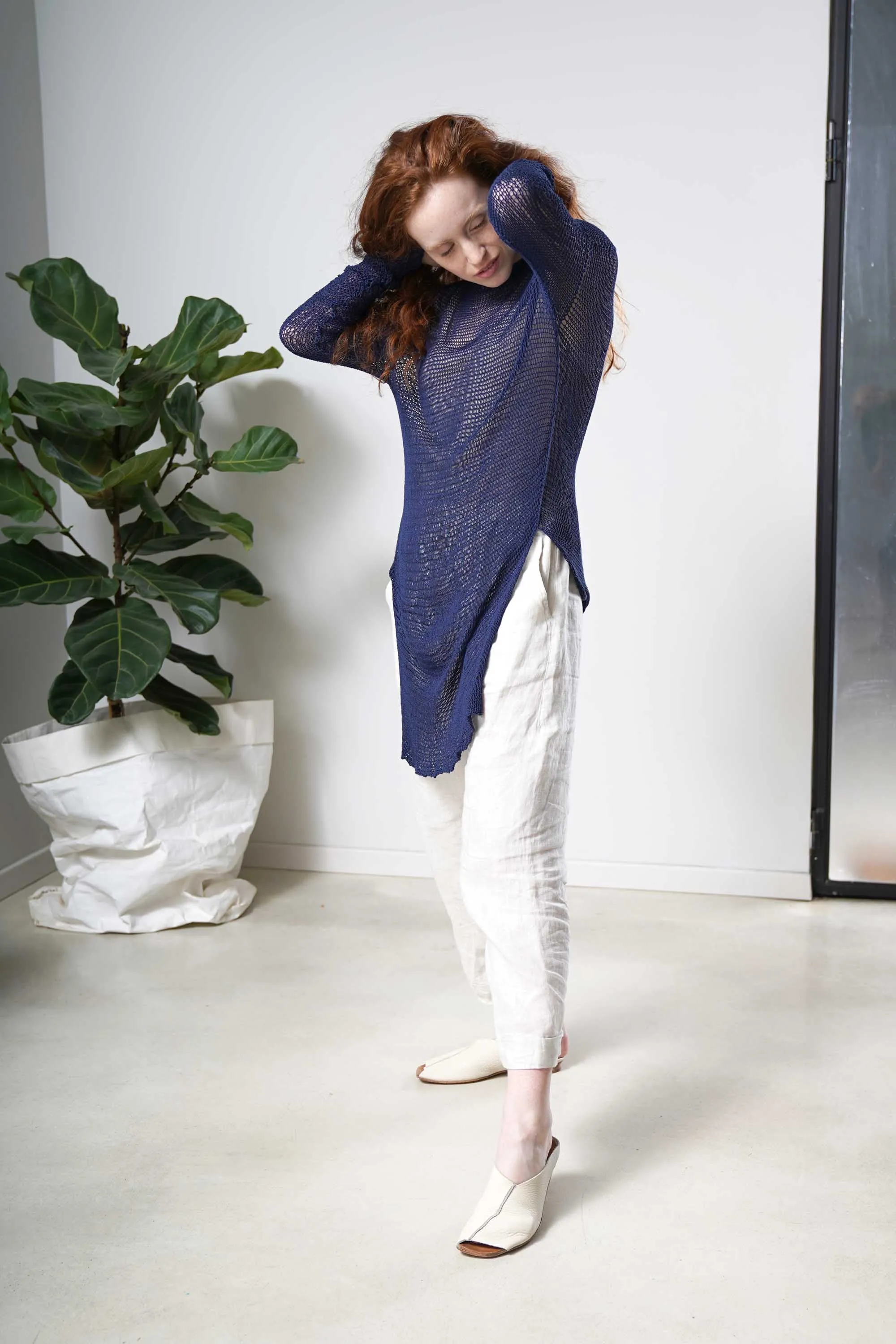 Loose knit sweater with side slits - Peacock blue