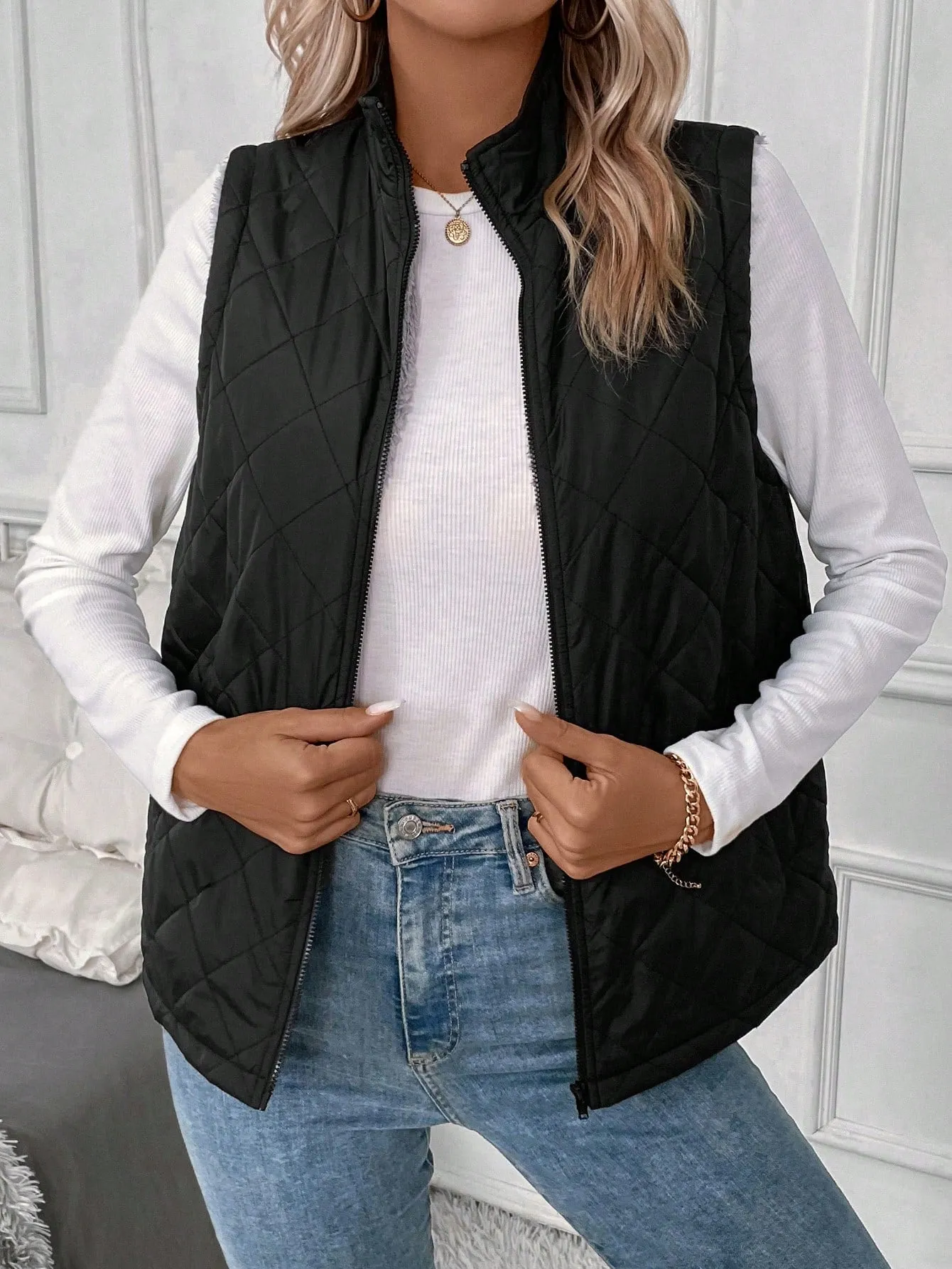 LUNE Zip Up Teddy Lined Vest Quilted Coat