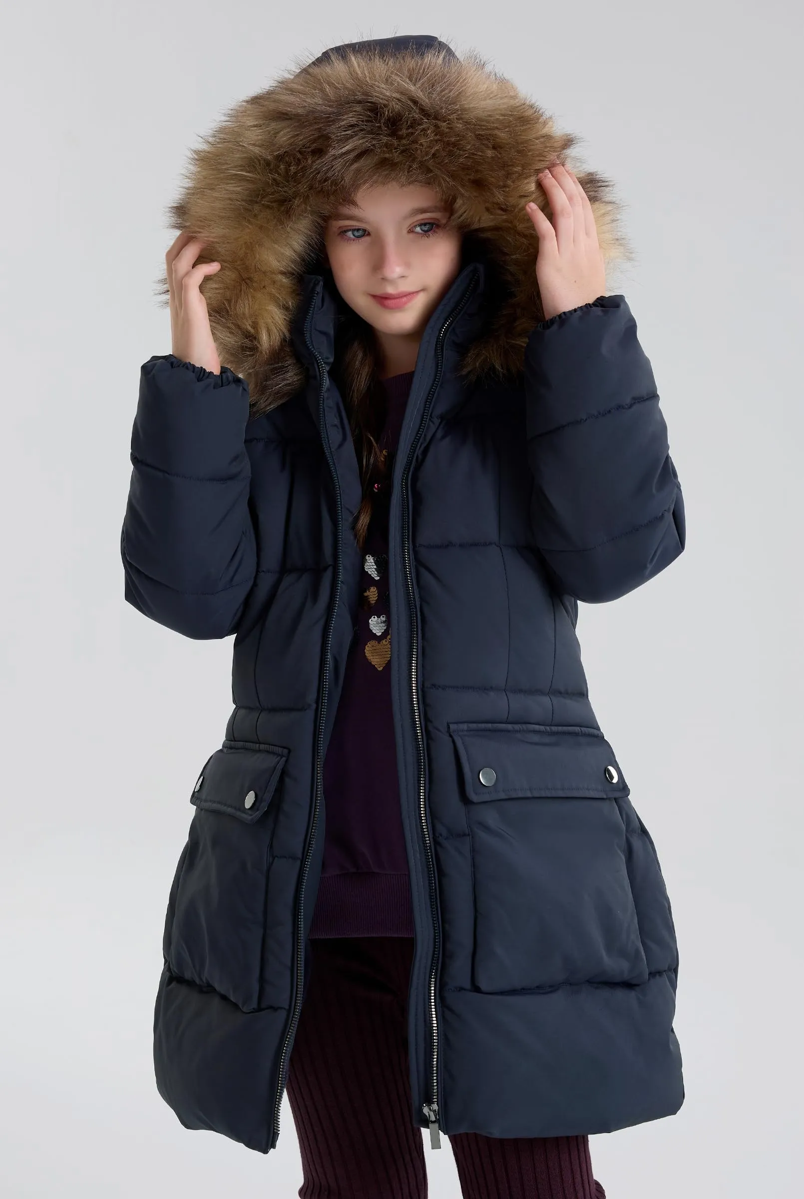 maoo garden Girls Puffer Winter Coat Faux-Down Heavyweight Snow Parka Fuzzy Fur Lining Hood Water-Resistant Long Jacket Navy 8Y