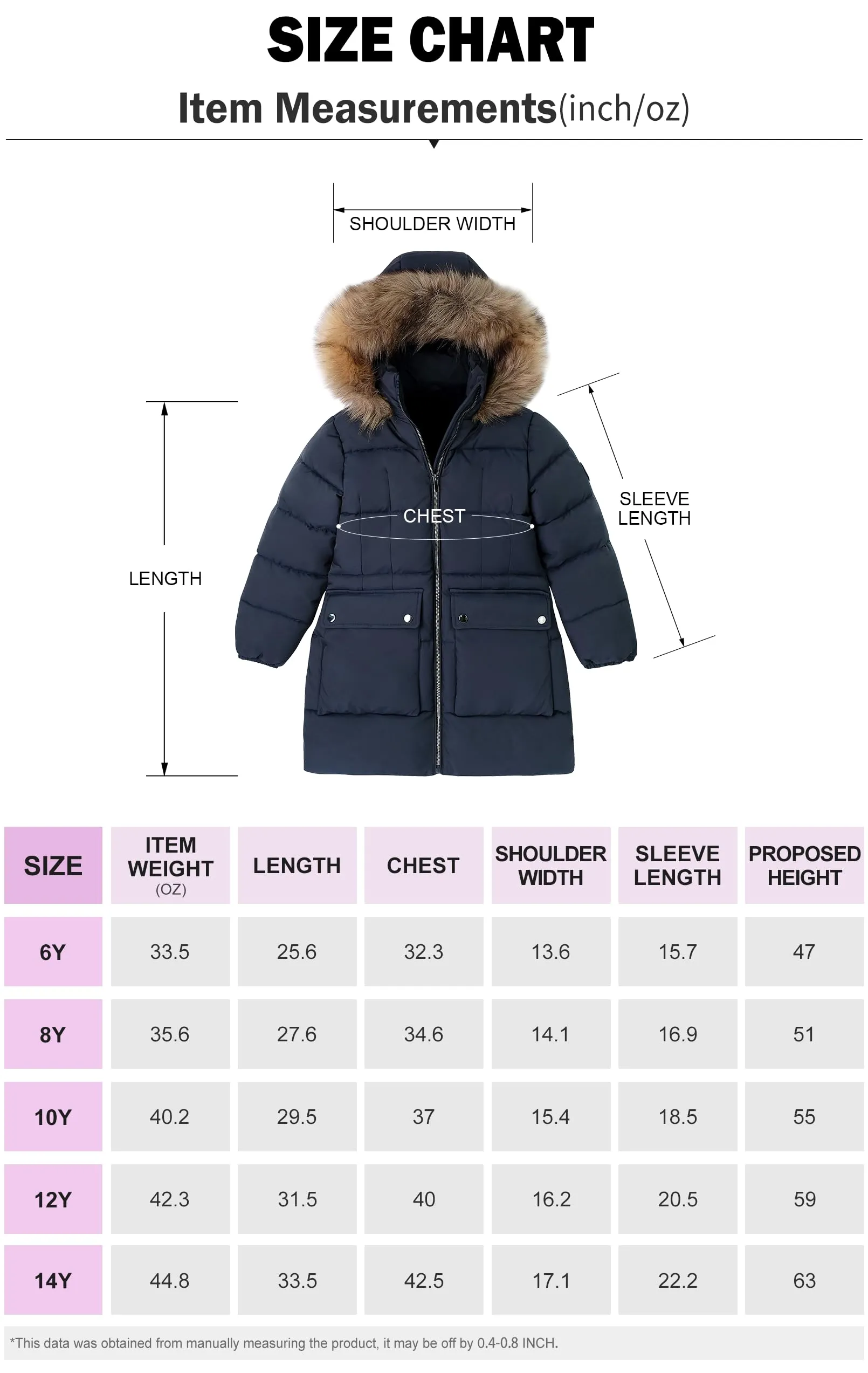 maoo garden Girls Puffer Winter Coat Faux-Down Heavyweight Snow Parka Fuzzy Fur Lining Hood Water-Resistant Long Jacket Navy 8Y