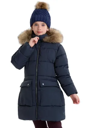 maoo garden Girls Puffer Winter Coat Faux-Down Heavyweight Snow Parka Fuzzy Fur Lining Hood Water-Resistant Long Jacket Navy 8Y