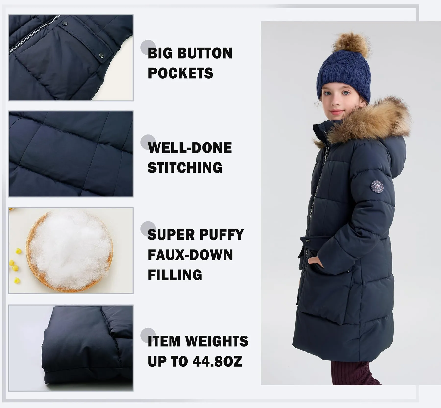 maoo garden Girls Puffer Winter Coat Faux-Down Heavyweight Snow Parka Fuzzy Fur Lining Hood Water-Resistant Long Jacket Navy 8Y