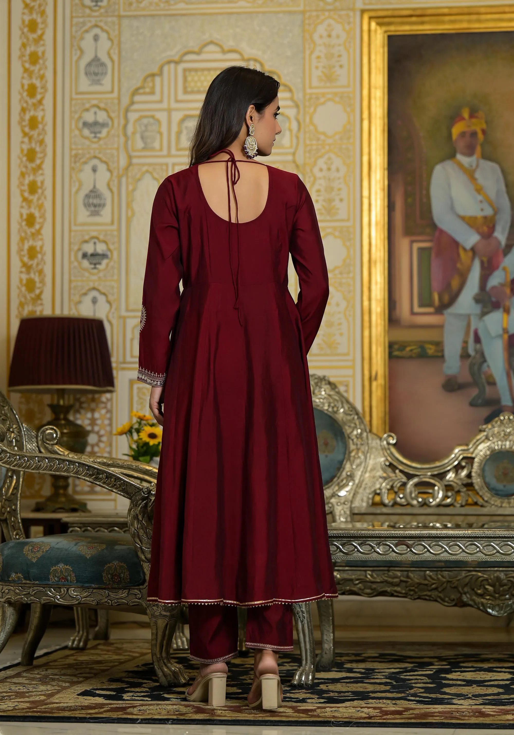 Maroon Zari Embroidered Viscose Kurta Pant And Dupatta Set With Sequins & Lace