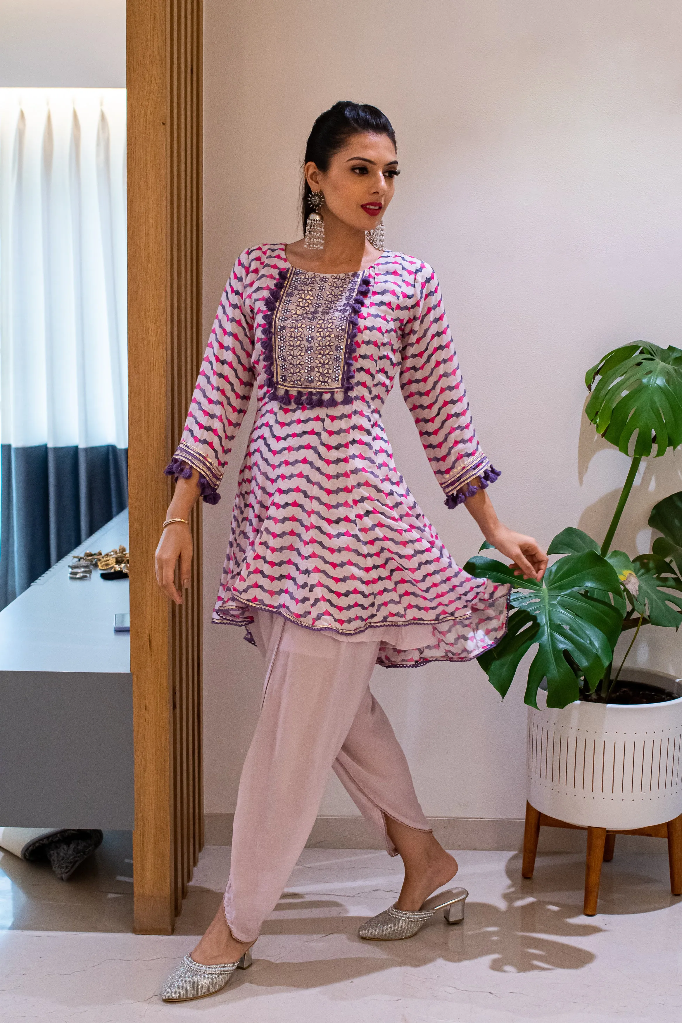 MATARGASHTI- Purple High Low Kali Kurta With Tulip Pants