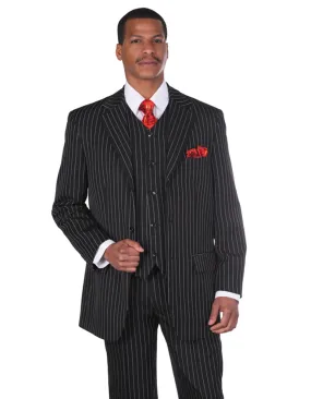 Mens 3 Button Notch Lapel Bold Pinstripe Gangster Length Black Suit