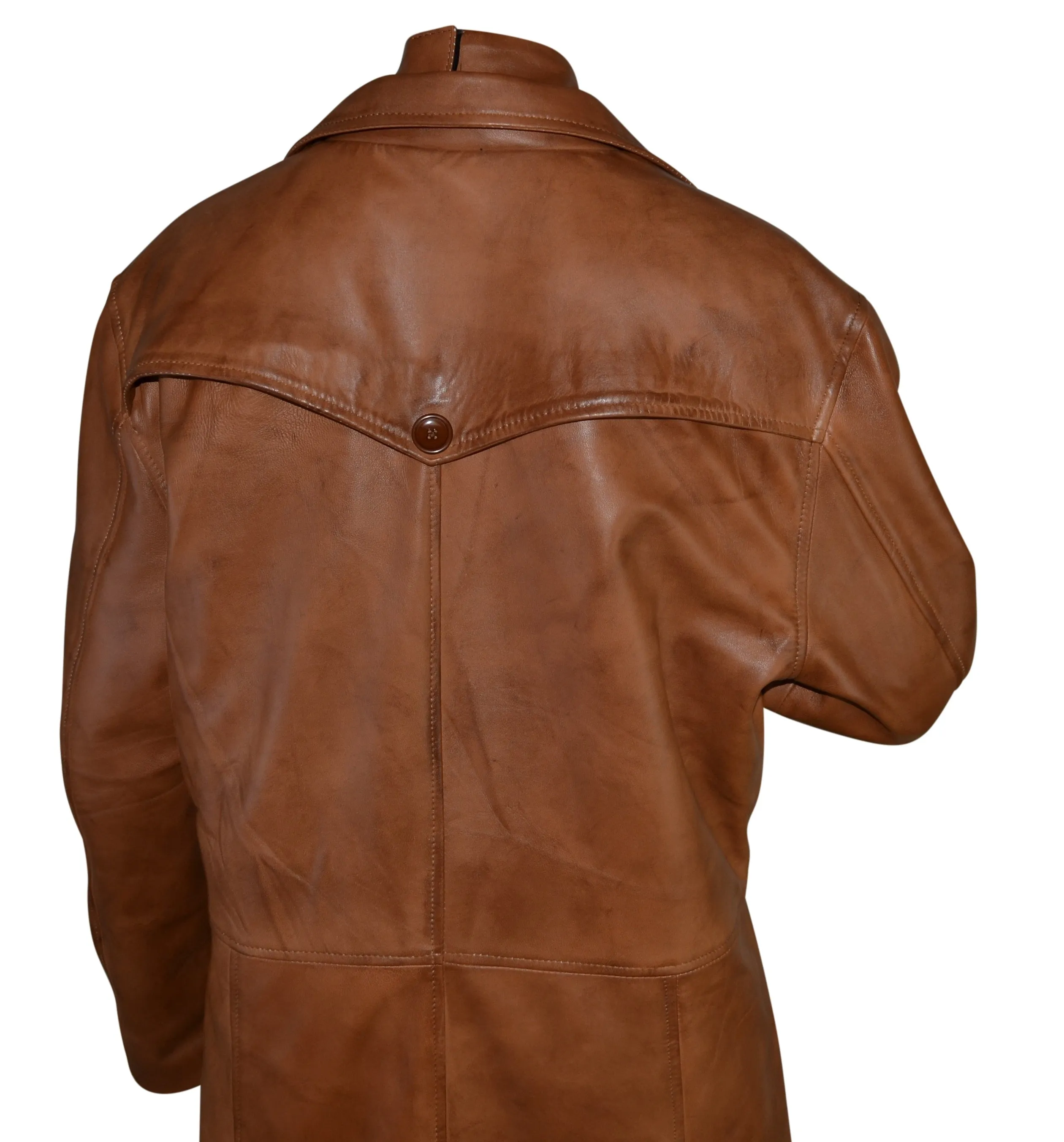 Mens Single Breasted Waxed Brown Long Leather Coat