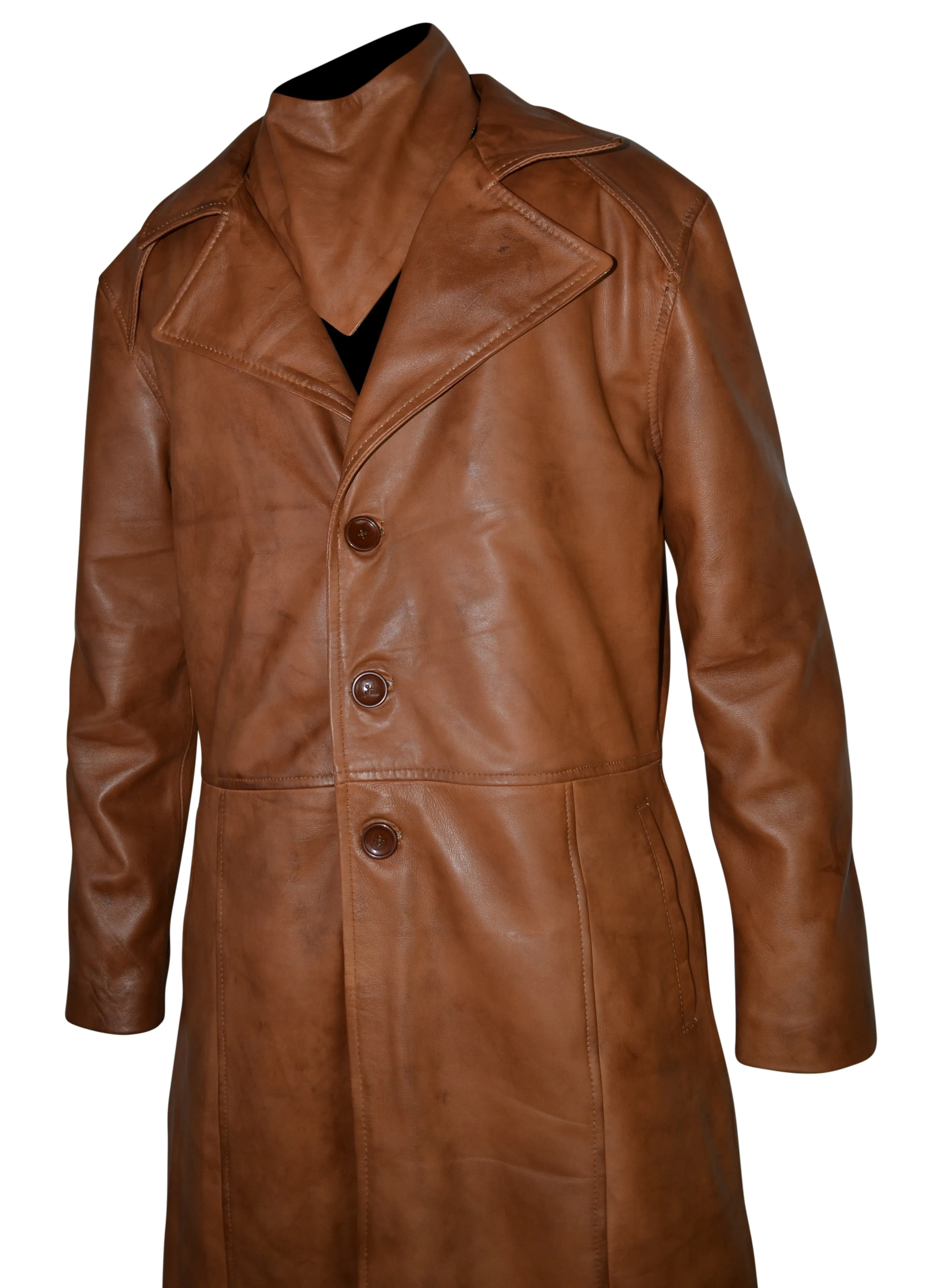 Mens Single Breasted Waxed Brown Long Leather Coat