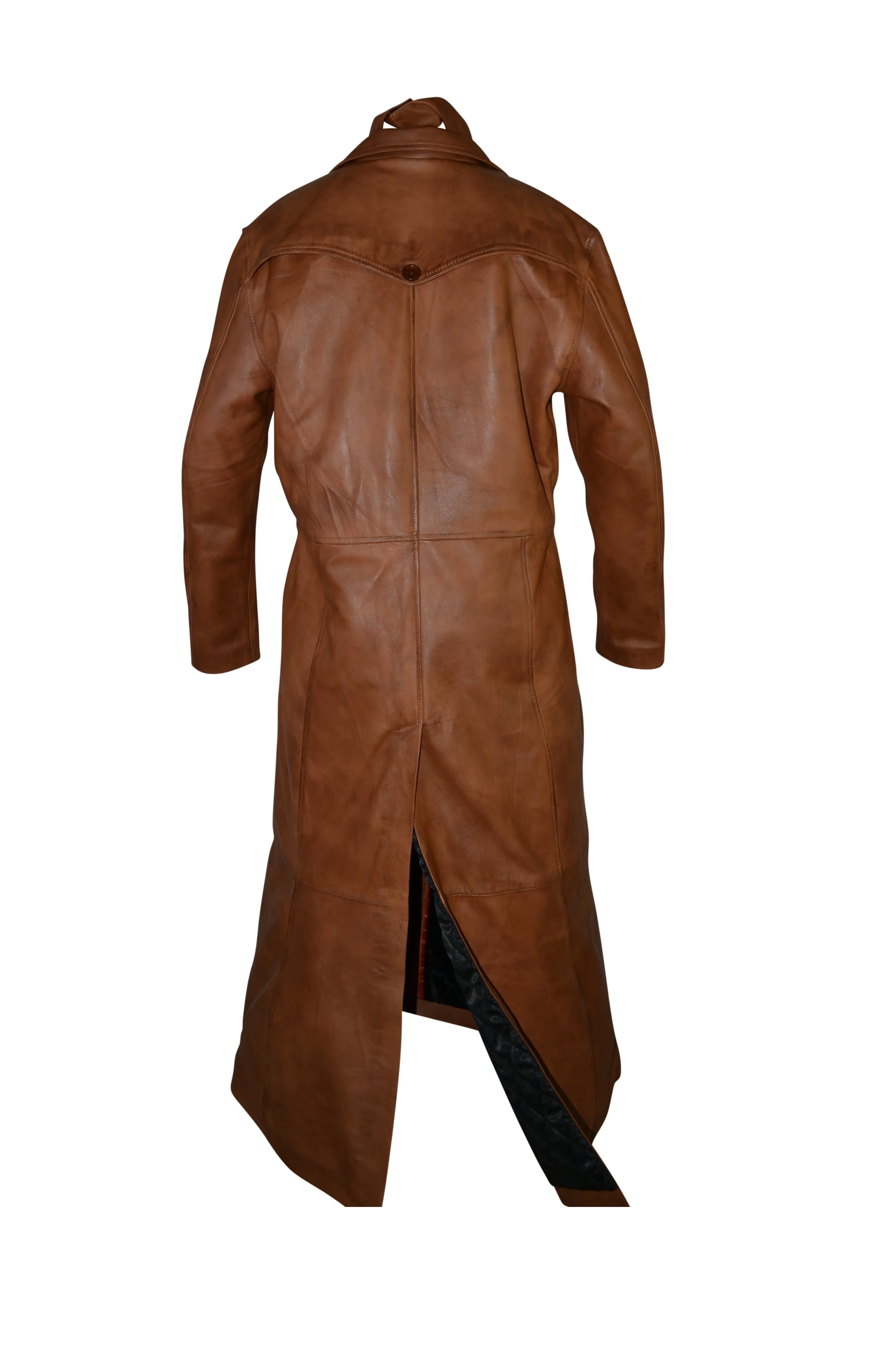 Mens Single Breasted Waxed Brown Long Leather Coat