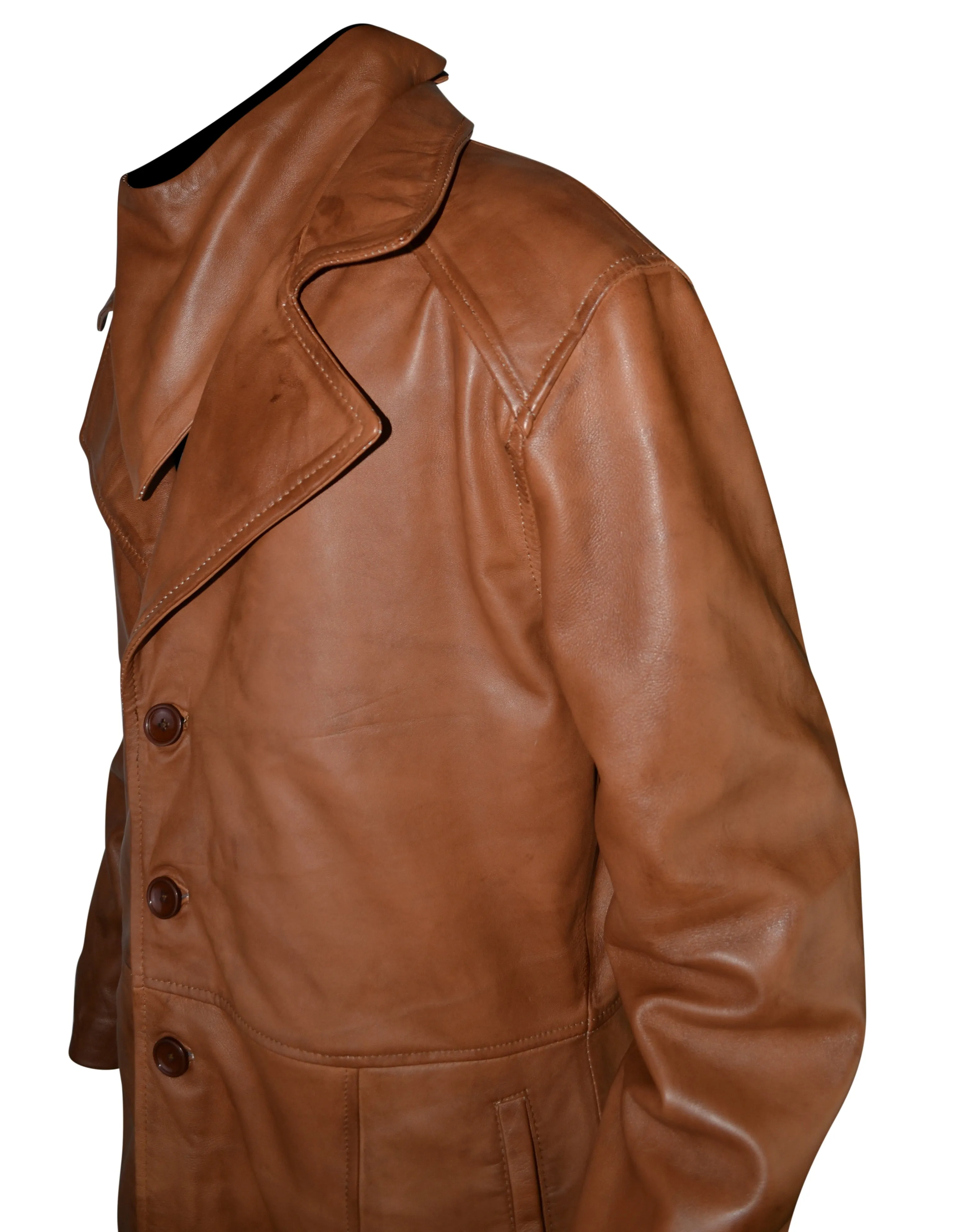 Mens Single Breasted Waxed Brown Long Leather Coat