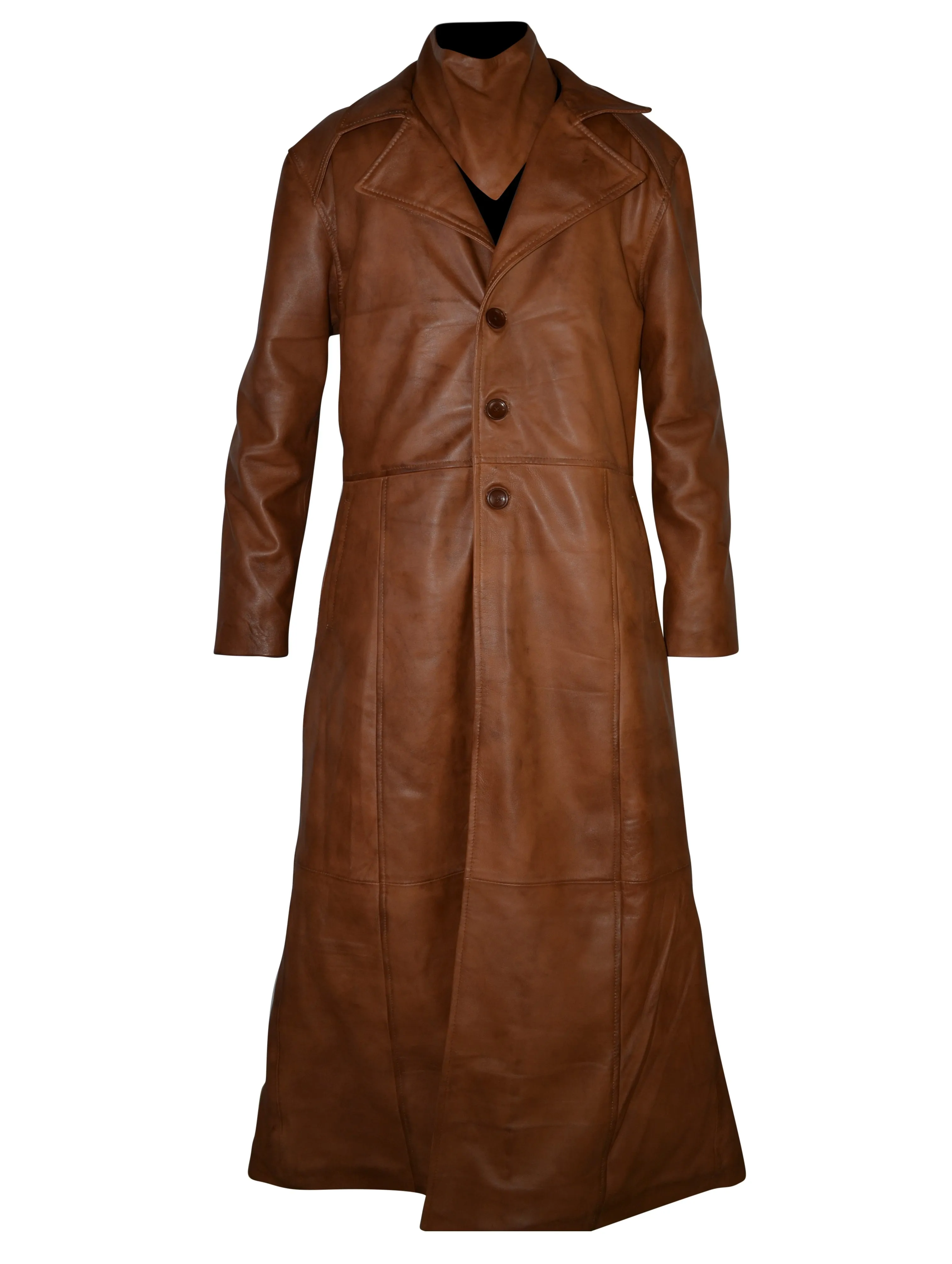 Mens Single Breasted Waxed Brown Long Leather Coat