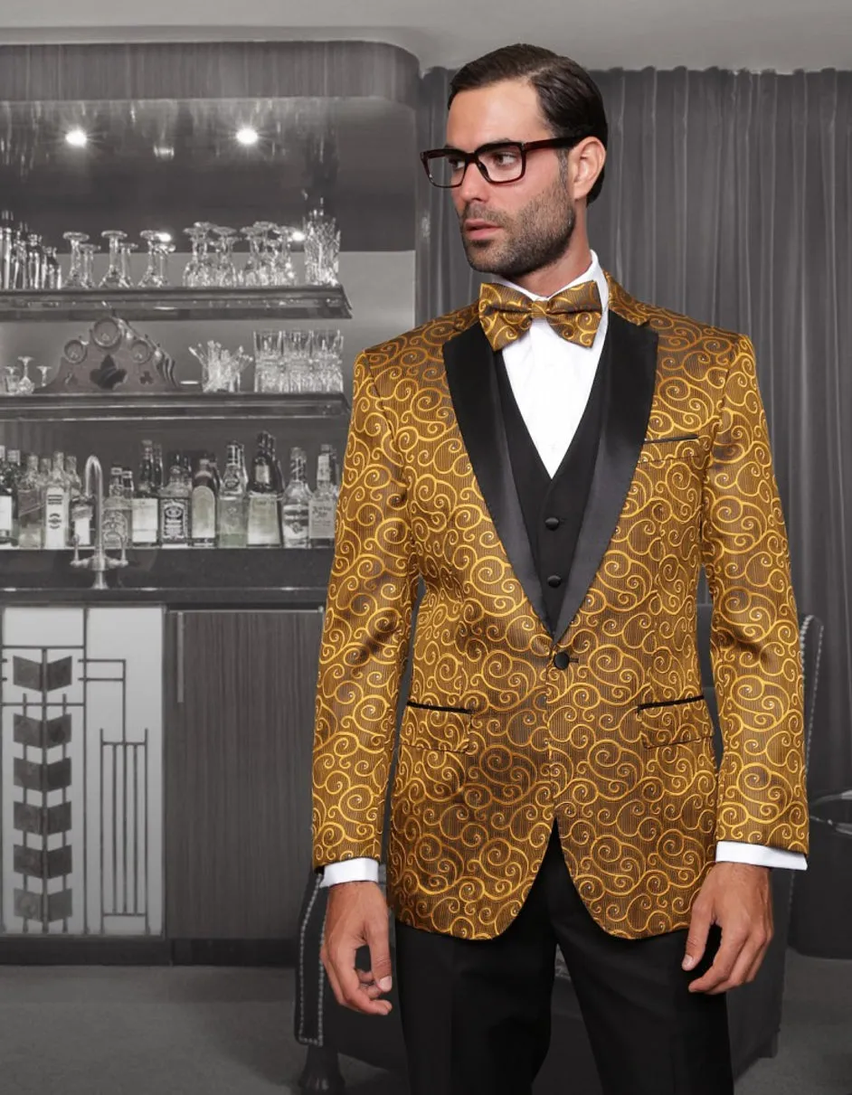 Mens Swirl Paisley Prom Tuxedo in Gold & Black