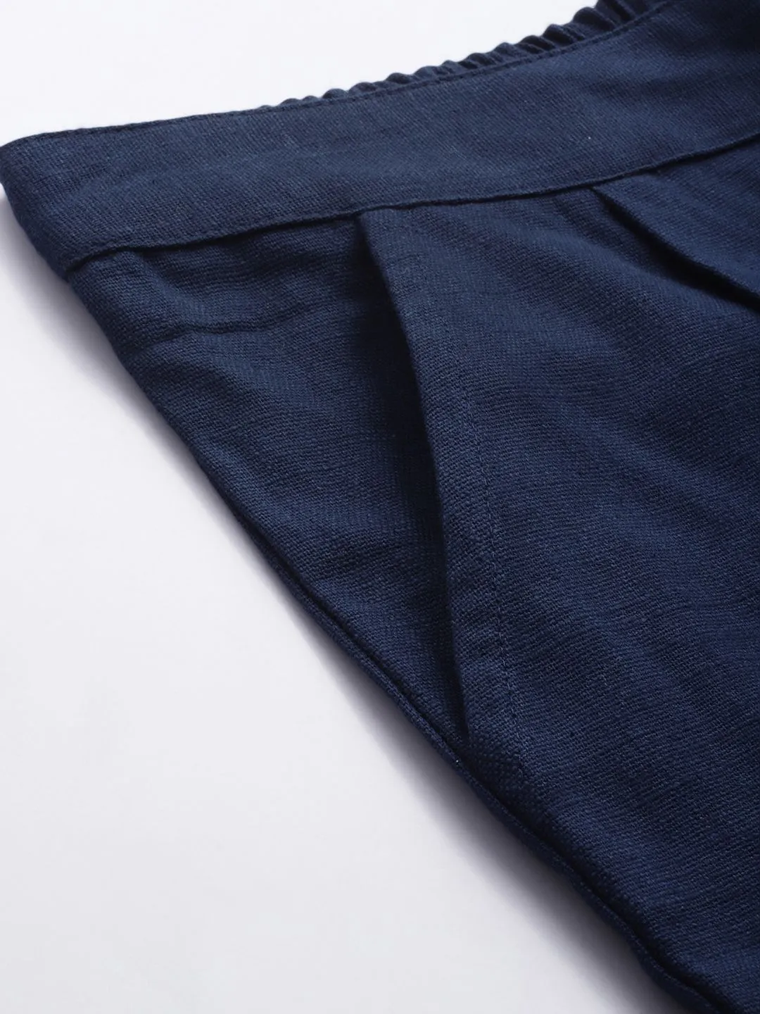 Navy Blue Cotton Slub Bottom-Fold Straight Pants