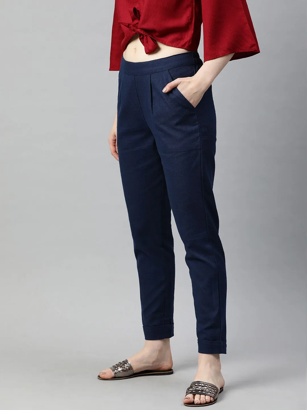 Navy Blue Cotton Slub Bottom-Fold Straight Pants