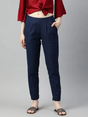 Navy Blue Cotton Slub Bottom-Fold Straight Pants