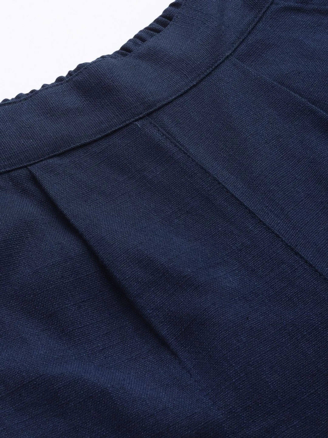 Navy Blue Cotton Slub Bottom-Fold Straight Pants