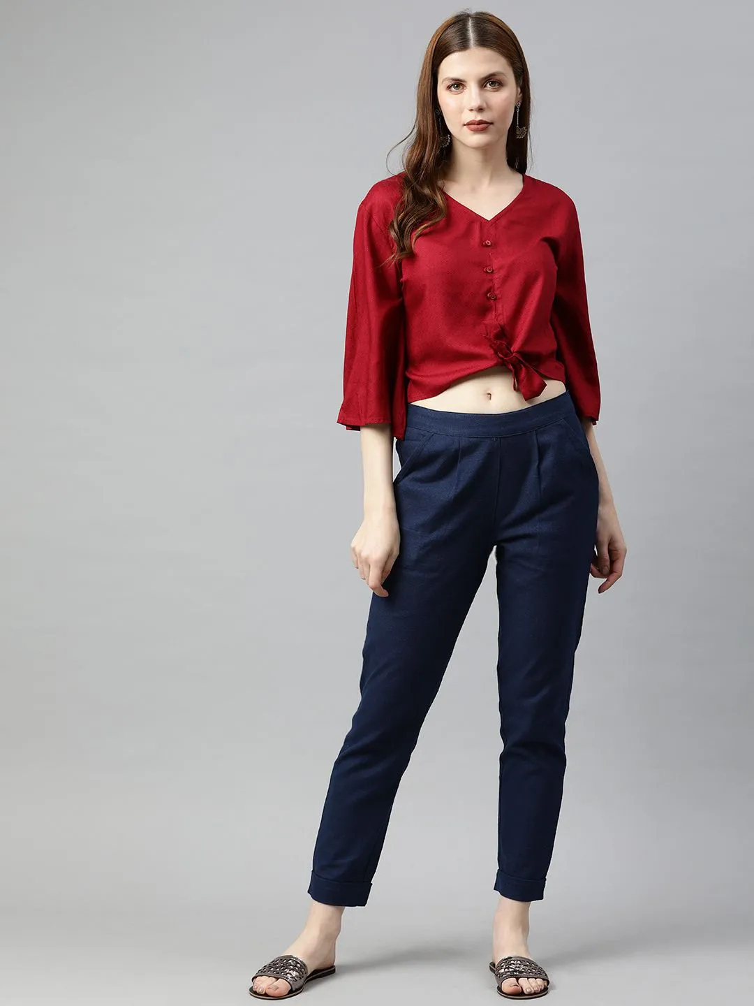 Navy Blue Cotton Slub Bottom-Fold Straight Pants