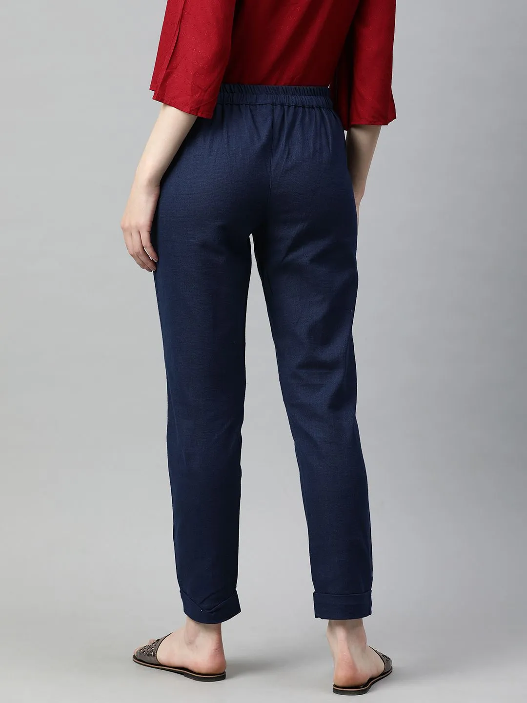 Navy Blue Cotton Slub Bottom-Fold Straight Pants