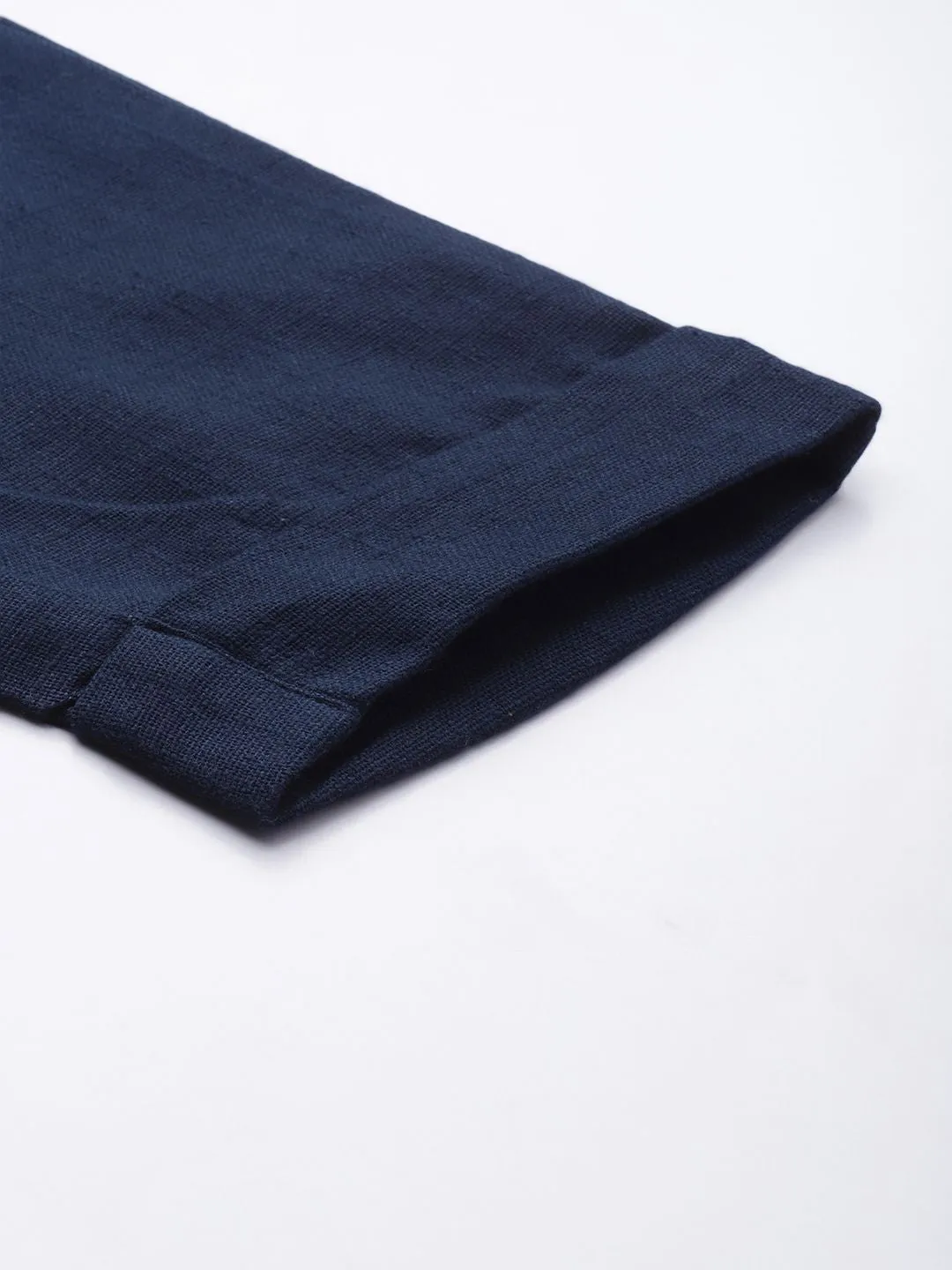 Navy Blue Cotton Slub Bottom-Fold Straight Pants