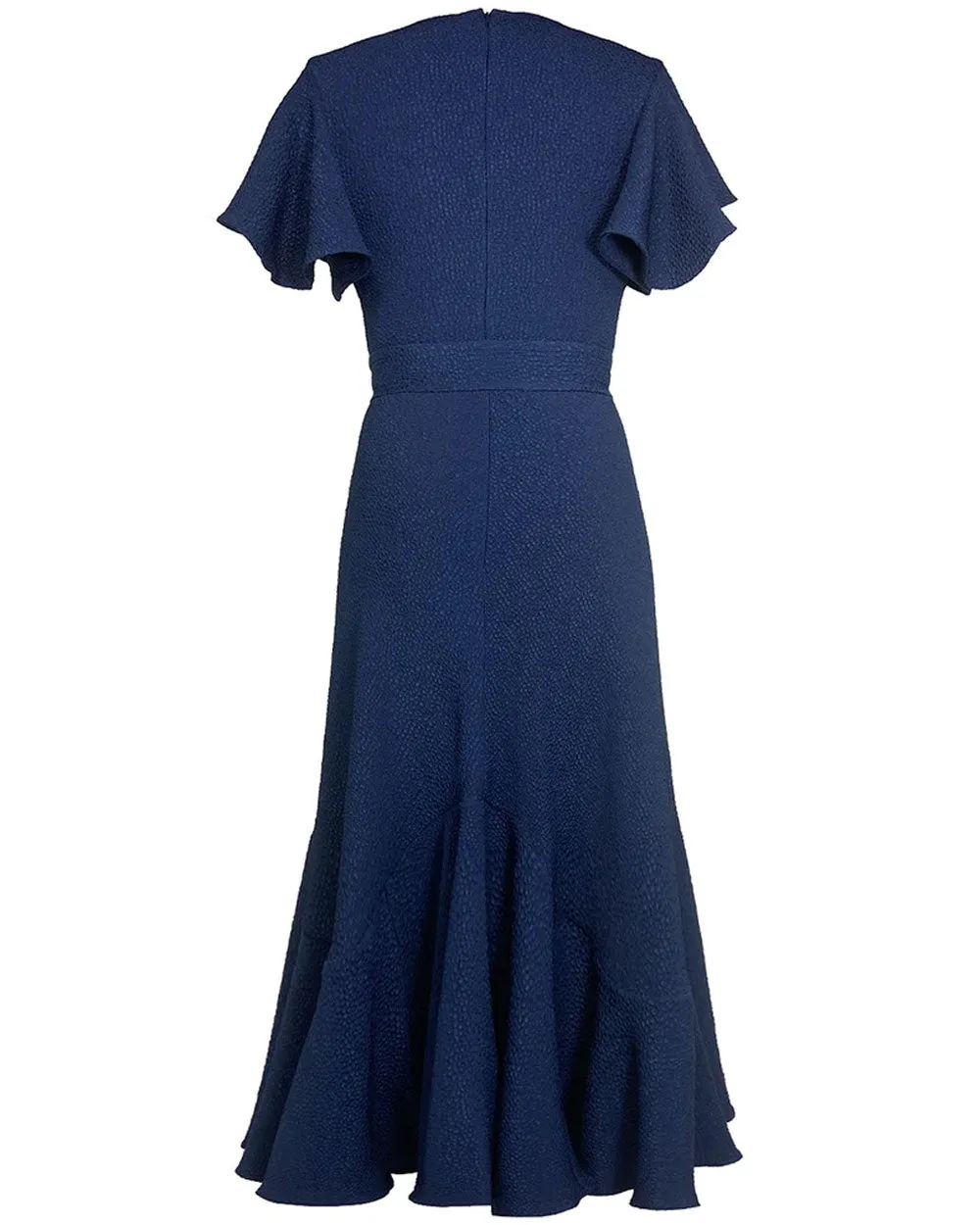 Navy Flou Bubble Jacquard Belted Dada Midi Dress