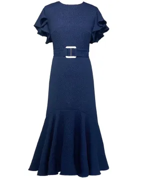 Navy Flou Bubble Jacquard Belted Dada Midi Dress