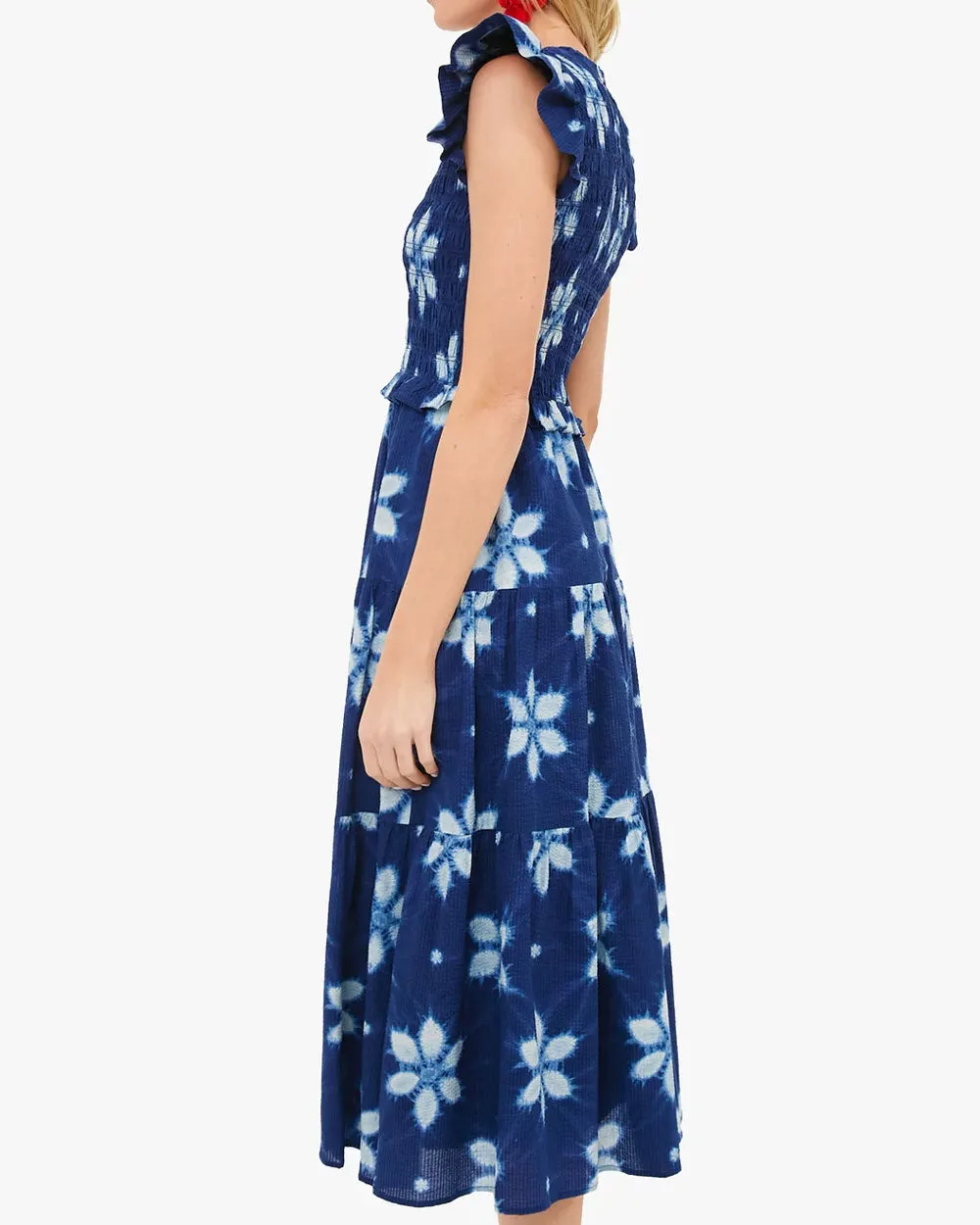 Navy Isla Print Smocked Tiered Midi Dress