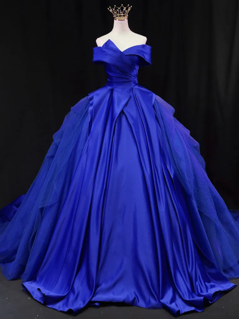 Off Shoulder Tulle Satin Blue Long Prom Gown, Blue Long Evening Dress