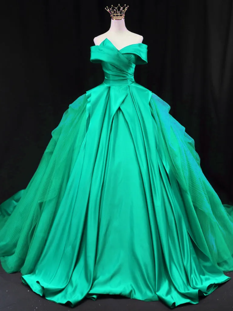 Off Shoulder Tulle Satin Blue Long Prom Gown, Blue Long Evening Dress