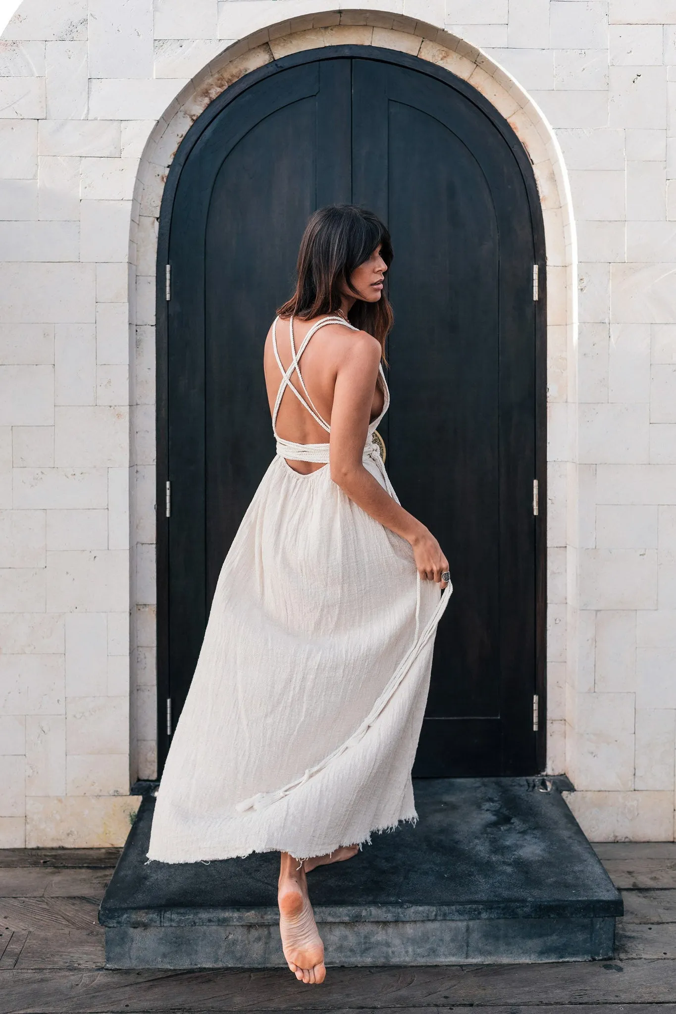 Off-White Boho Wedding Dress with Open Back