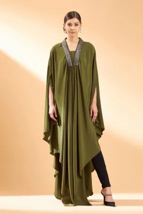 Olive Metallic Embroidery Kaftan Tunic