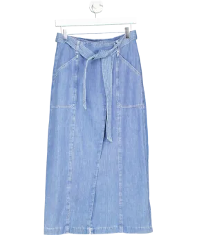 Oliver Bonas Blue Tie Waist Chambray Denim Midi Skirt UK 8