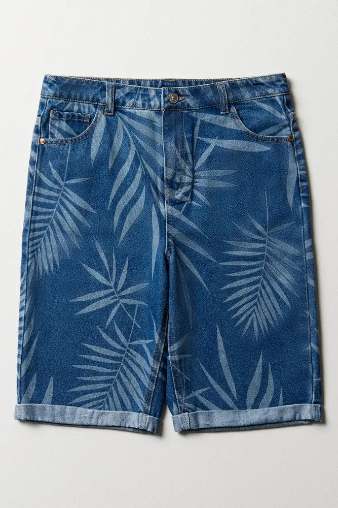 Palm Tree Denim Shorts Blue