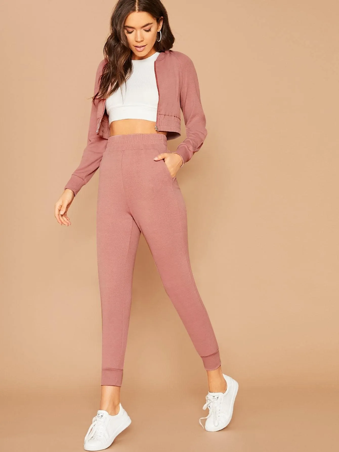 Pastel Pink Stand Collar Raglan Sleeve Bomber Jacket & Joggers Set