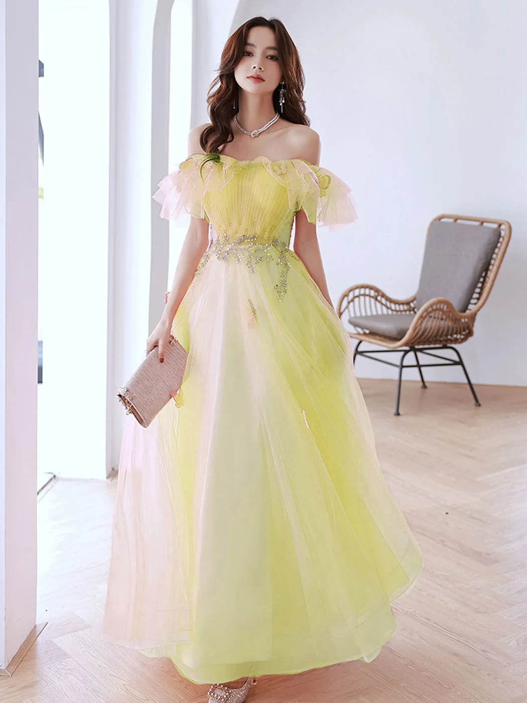 Pink Off Shoulder Tulle Long Prom Dress, Pink Tulle Formal Dress