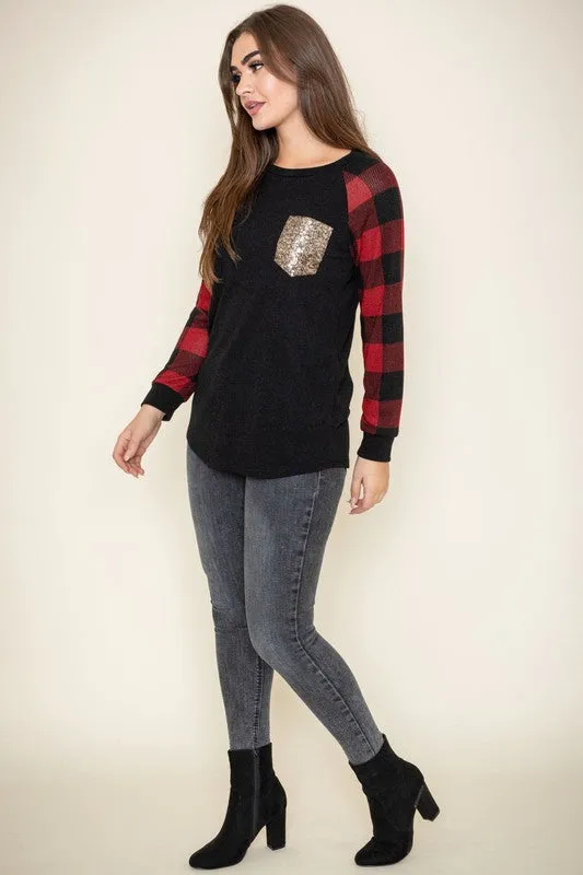 Plus Checker Sleeve Sequin Pocket Tunic