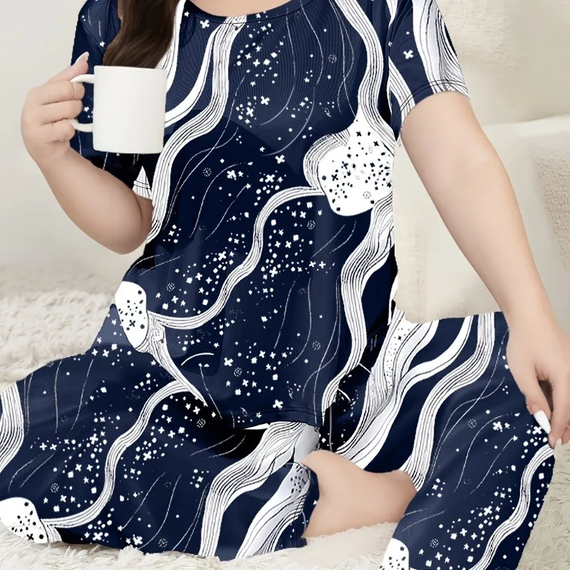 Plus Size Women's Elegant Loungewear Set with Star Graphic Top & Pants Pajamas"