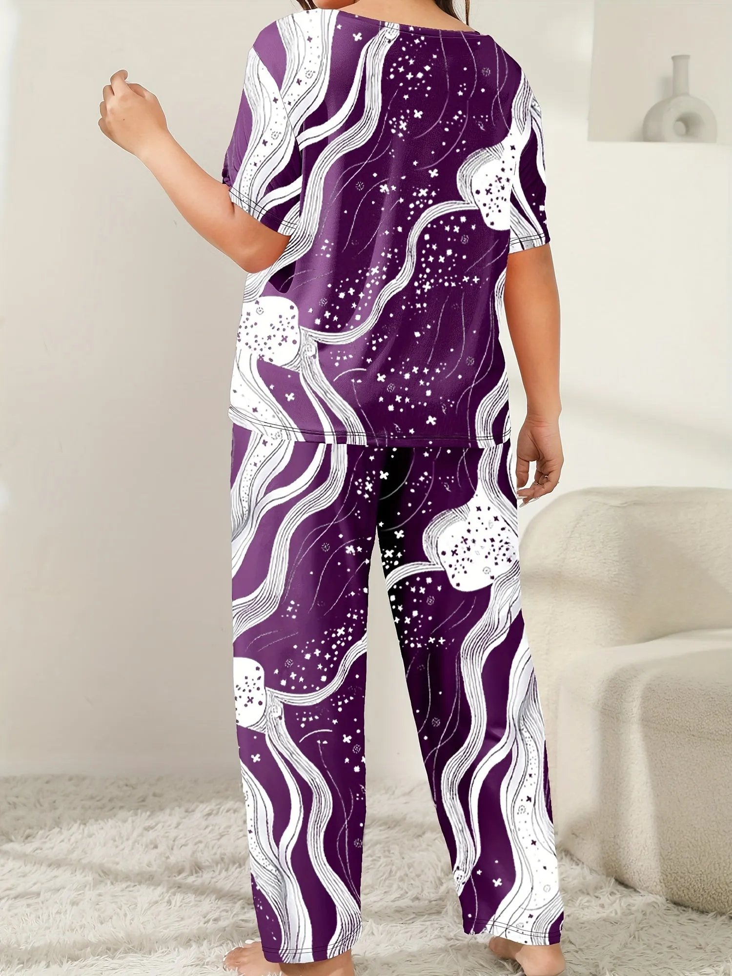 Plus Size Women's Elegant Loungewear Set with Star Graphic Top & Pants Pajamas"