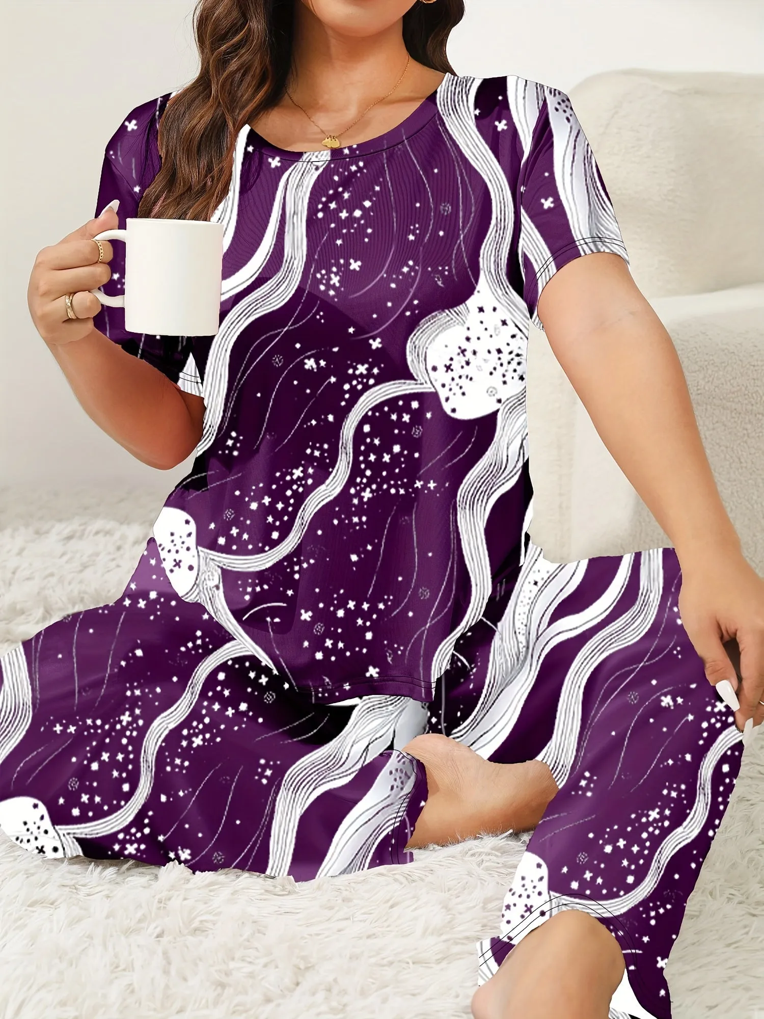 Plus Size Women's Elegant Loungewear Set with Star Graphic Top & Pants Pajamas"