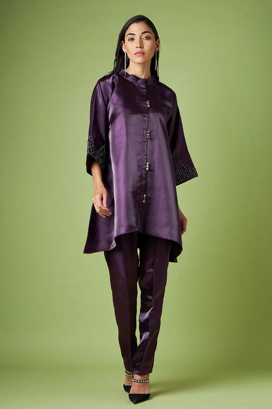 Purple Embellished Kimono & Pant Co-Ord Set