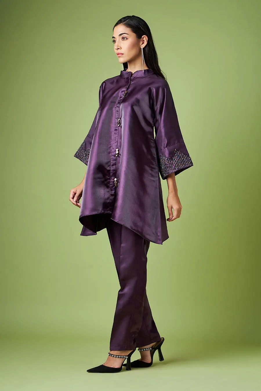 Purple Embellished Kimono & Pant Co-Ord Set