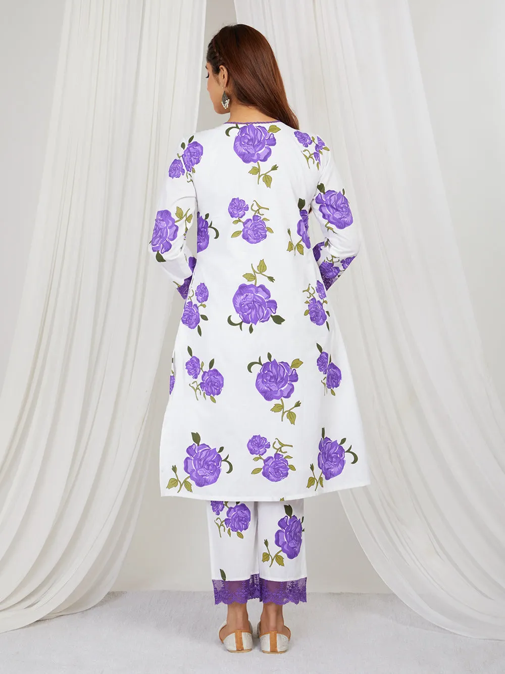 Purple White Hand Block Printed Cotton Suit - Set of 3