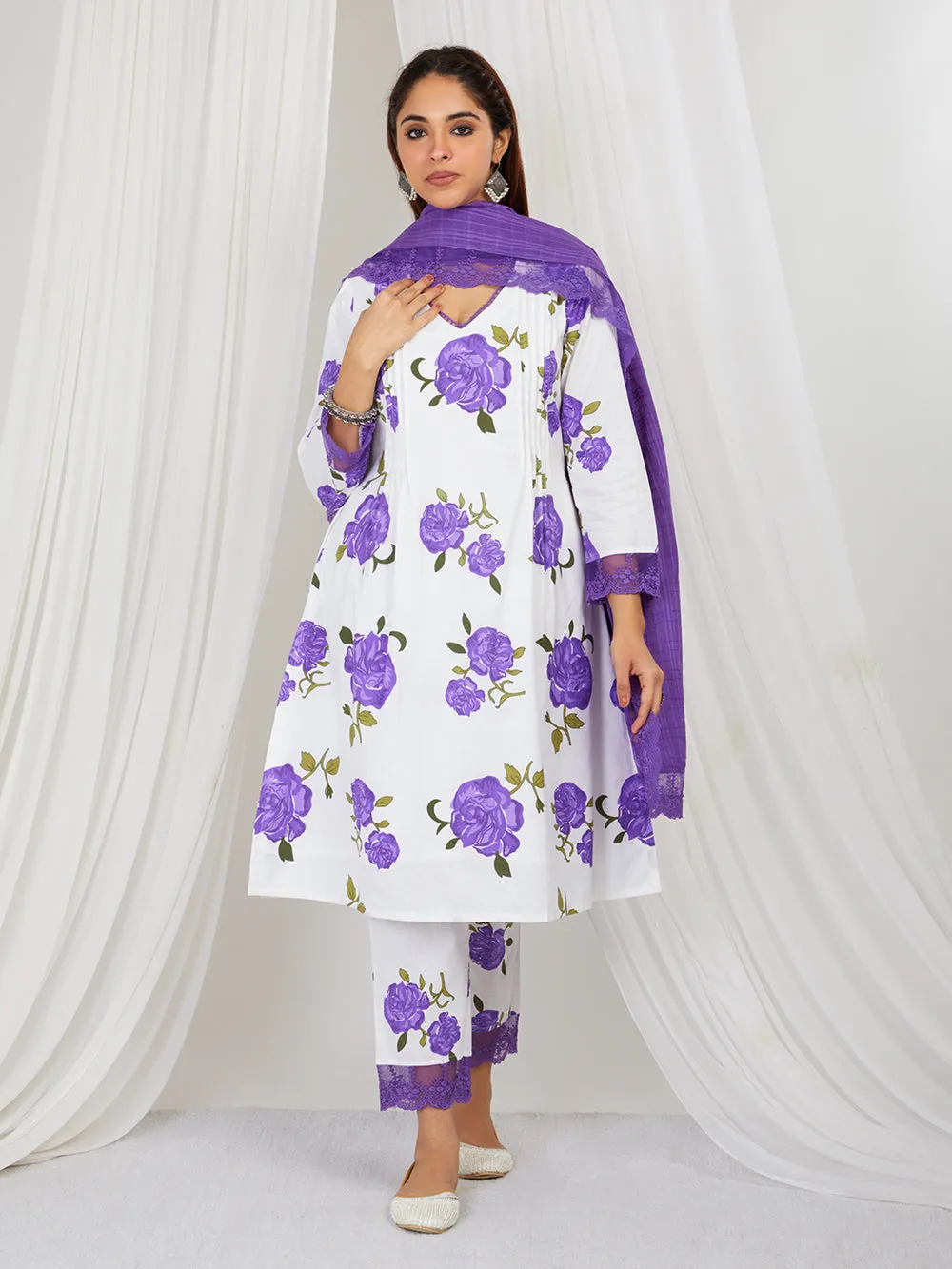 Purple White Hand Block Printed Cotton Suit - Set of 3