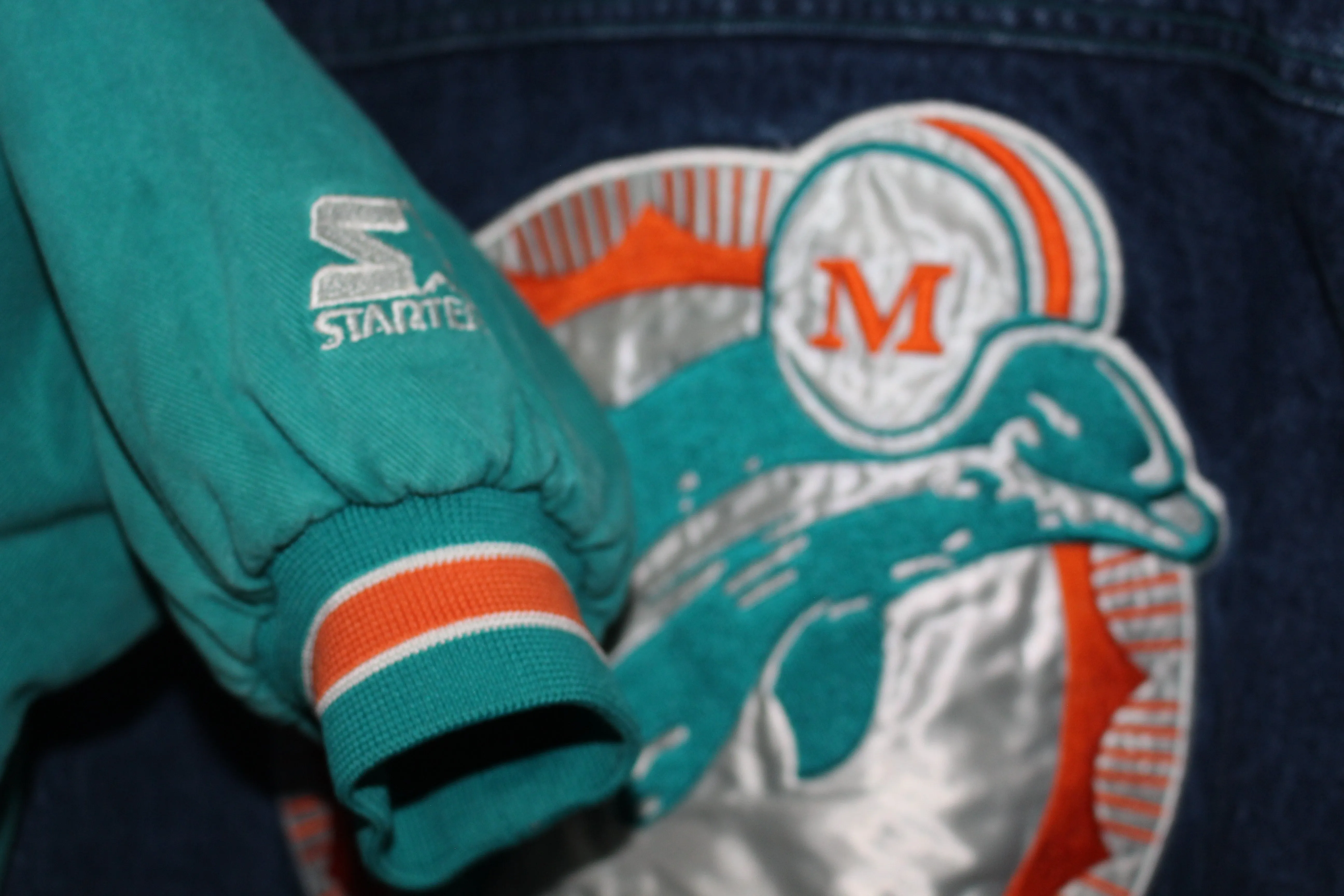 Rare Miami Dolphins Pro Line Starter Denim Bomber Jacket (S)