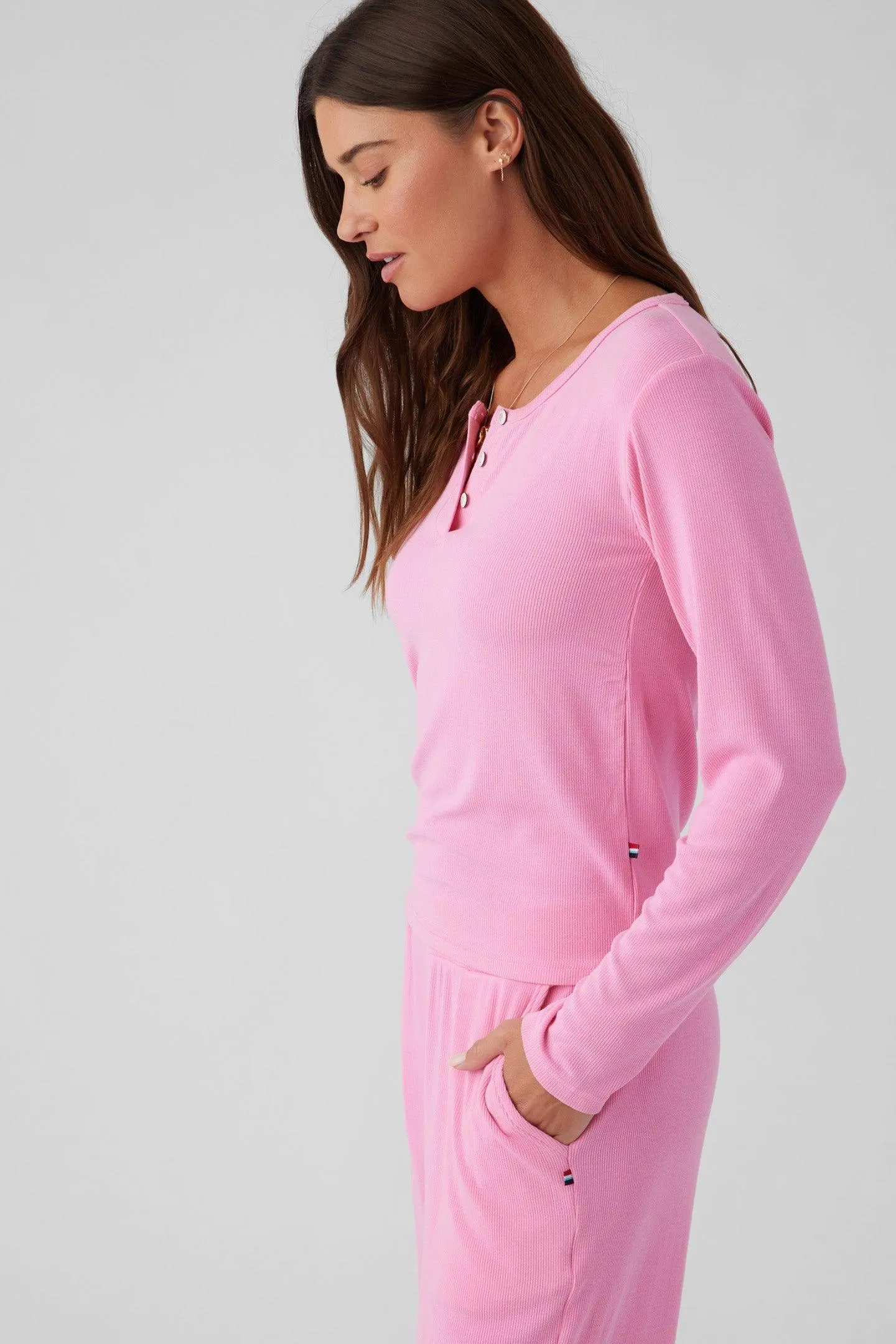 Rib Long Sleeve Henley Punk Pink