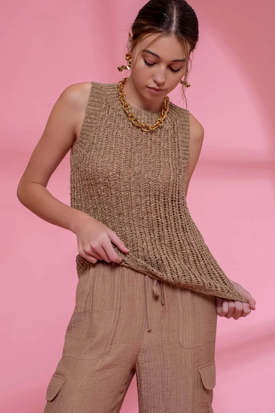 ROUND NECK CROCHET SWEATER KNIT TANK TOP