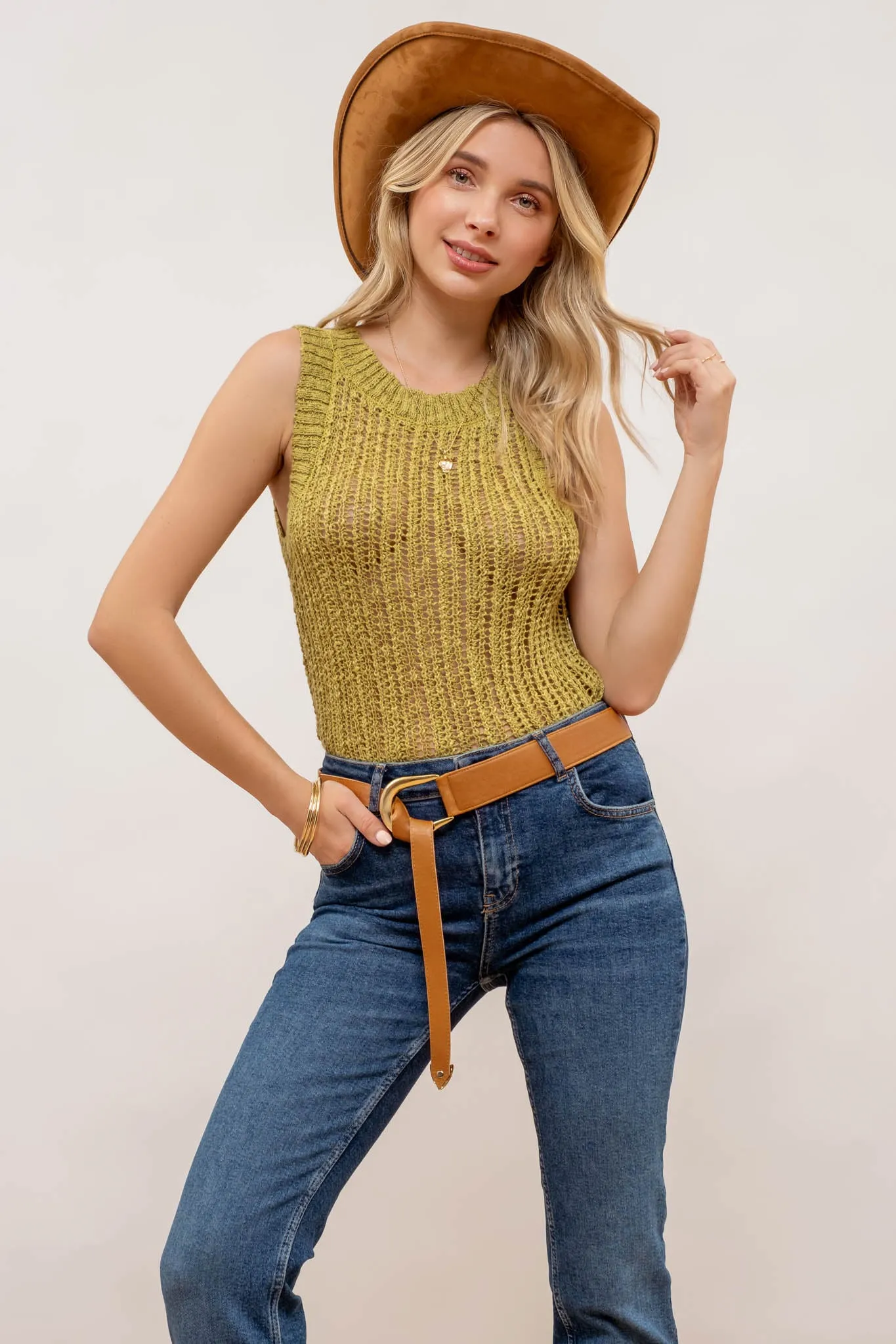 ROUND NECK CROCHET SWEATER KNIT TANK TOP