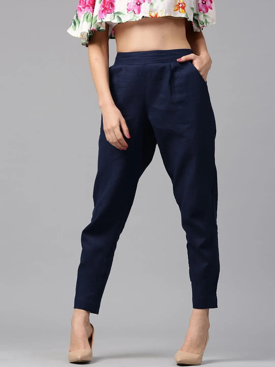 Royal Blue Solid Cotton Slub Straight Pants