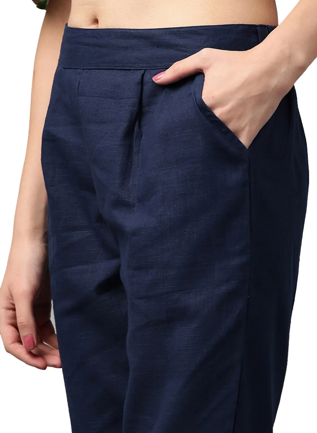 Royal Blue Solid Cotton Slub Straight Pants