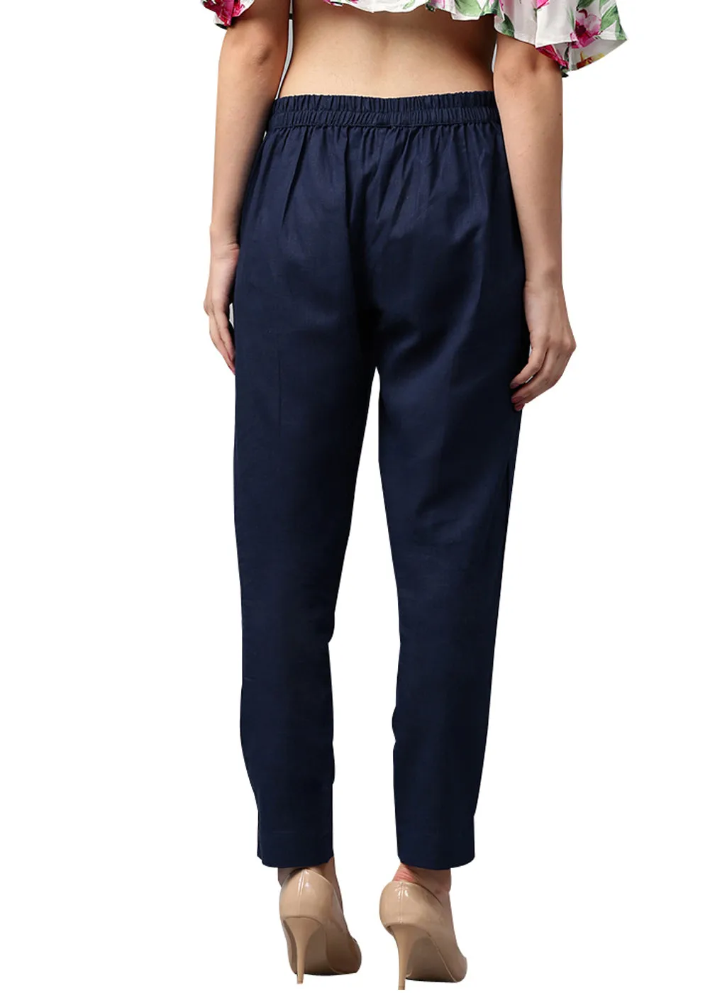 Royal Blue Solid Cotton Slub Straight Pants