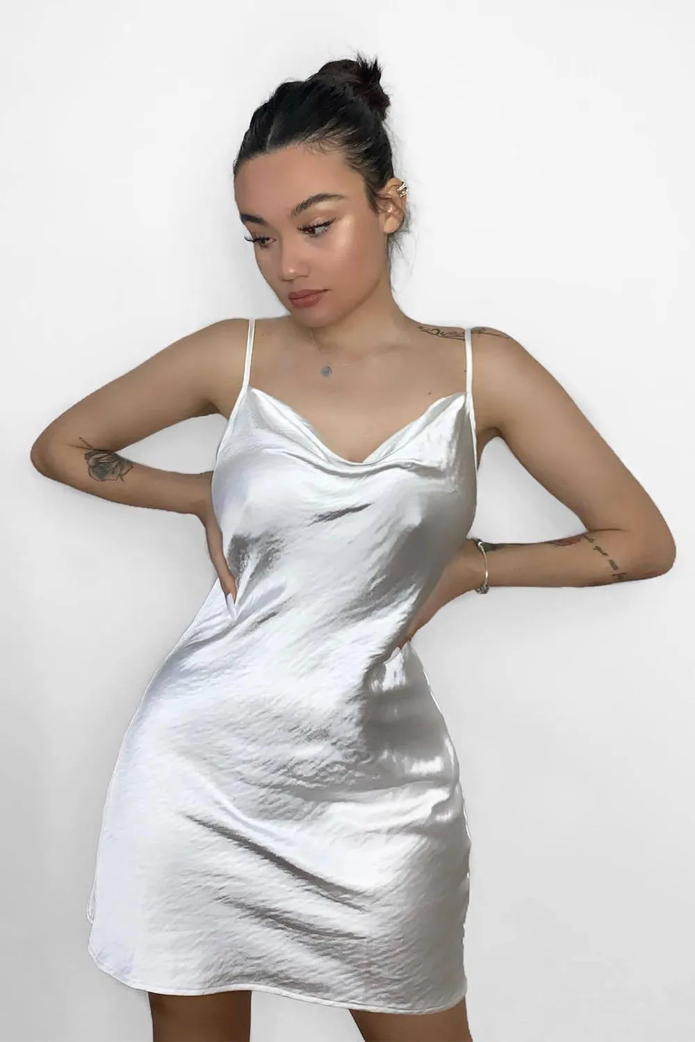 Satin Cowl Neck Backless Slip Dress